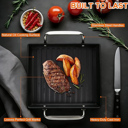 8.6 Inch Stove Top Cast Iron Grill Pan, Medium Pre-Seasoned Ribbed Skillet with Stainless Steel Handle, Square Grill Pan for Gas Grill, Camping, BBQ, One Burner Cookware