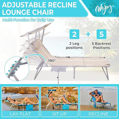 #WEJOY Tanning Chair with Face Hole & Canopy & Side Table, 5 Positions Adjustable Sunbathing Lounge Chair Facedown Chaise Lounge with Pillow Quick Dry for Beach Pool Outdoor Camping Patio,Khaki
