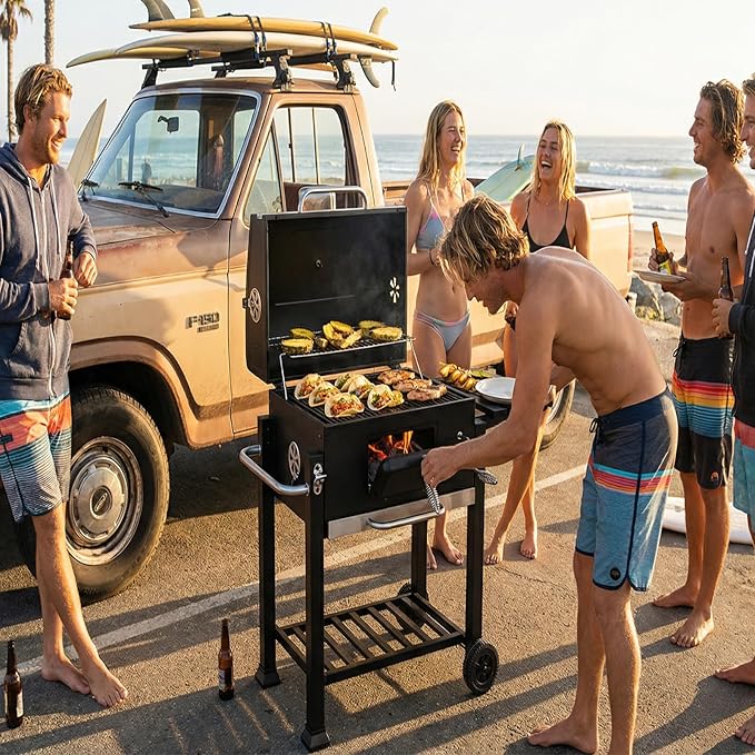 Portable Charcoal Grill, Large BBQ Grill with Height Adjustable Charcoal Pan, Built-in Thermometer & Foldable Side Table, Outdoor Charcoal Grill Portable for Patio Backyard Picnic Camping
