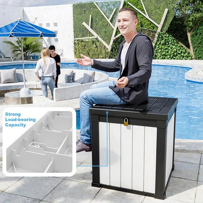 50 Gallon Outdoor Deck Box, Lockable Waterproof Outdoor Storage Boxes For Garden Tools,Indoor Cushions,Accessories Outside Storage Resin Weatherproof Container(Black&White)