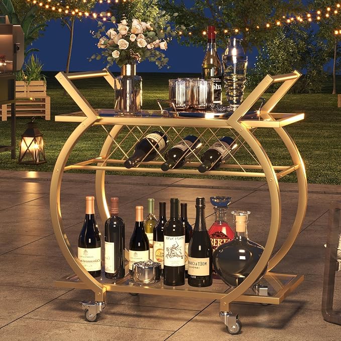 LVB Gold Bar Cart with Glass, Bar Cart with Wheels, Wine Cart with Storage | 2 Tier Glass Shelves Home Bar Serving Cart with Wine Rack, Liquor Cart for Kitchen, Bar, Dinning Room