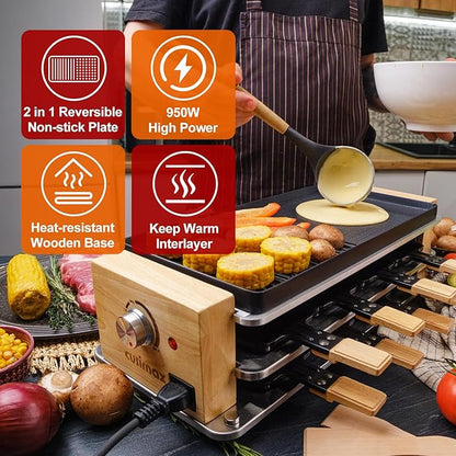 Raclette Table Grill, CUSIMAX Electric Indoor Grill, Korean BBQ Grill with Removable 2 in 1 Non-Stick Grill Plate, 8 Cheese Pans & Wooden Spatulas, Ideal for Parties, Wooden Base New Model