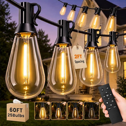 60FT(50+10) Outdoor String Lights, 2FT Spacing 25 LED Edison Bulbs, Waterproof, Shatterproof, Dimmable, Warm White, 3 Modes, Timer, Plug in Hanging Backyard Lights for Outside, Patio