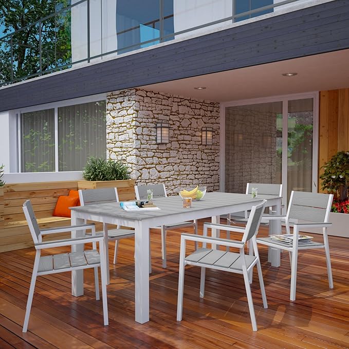 lm Modway Maine 7-Piece Aluminum Dining Table and Chair Outdoor Patio Set in White Light Gray