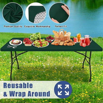 Moosfor 2 Pack Rectangle Spandex Fitted Table Cloth, 8FT Elastic Tablecloth | Washable Picnic Table Cover, Stretch Waterproof Table cloths for Party, Patio, Dining, Kitchen, 30" x 96", Hunter Green