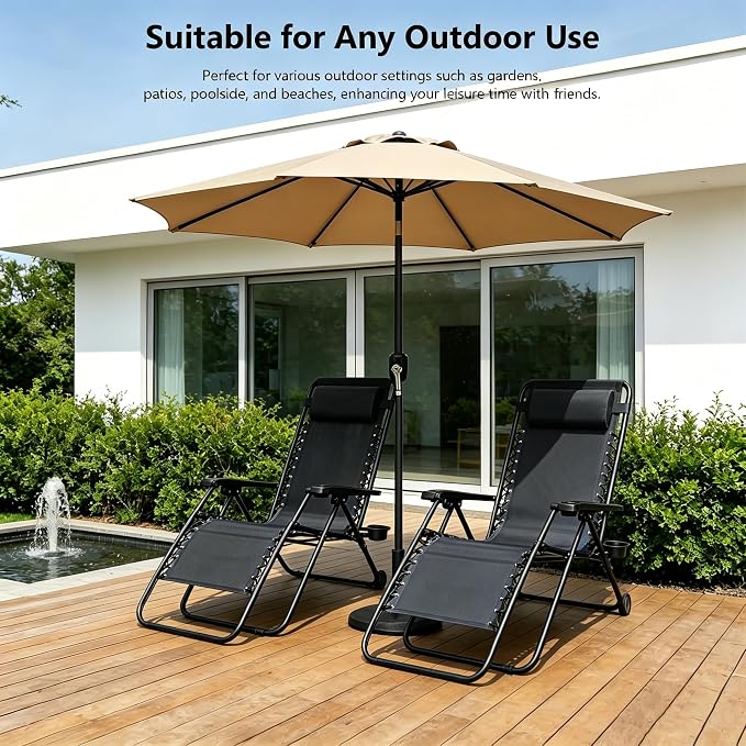 Zero Gravity Chairs Set of 2 with 9FT Patio Umbrella, Adjustable Folding Outdoor Recliner with Pillow & Cup Holder, Waterproof UV Protection Market Umbrella for Pool, Beach, Patio, Camping