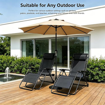 Zero Gravity Chairs Set of 2 with 9FT Patio Umbrella, Adjustable Folding Outdoor Recliner with Pillow & Cup Holder, Waterproof UV Protection Market Umbrella for Pool, Beach, Patio, Camping