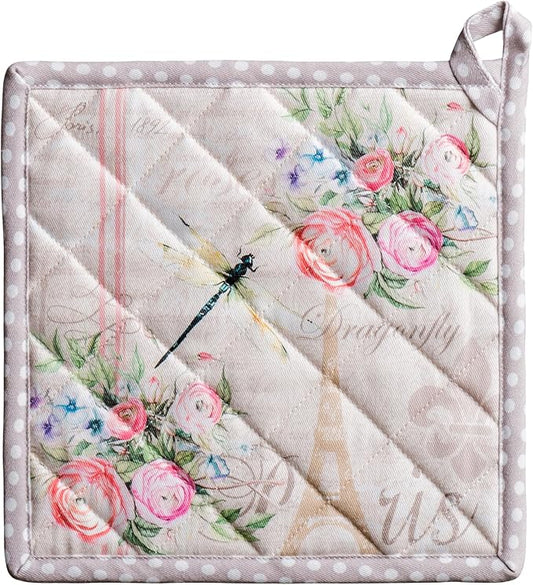 Maison d' Hermine Pot Holders 100% Cotton Heat Resistant Potholders 8" x 8" Hot Pads with Loop BBQ Cooking Baking Hotel Farmhouse Kitchen Handling Hot Pans Spring Summer (Pack of 1, Champ De Mars)