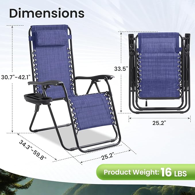 Zero Gravity Chair Set of 4 Oversized Folding Recliner, Padded Anti Gravity Lounge Chair with Adjustable Pillow & Cup Holder for Outdoor Camping, Patio, Poolside, Lawn (Blue)