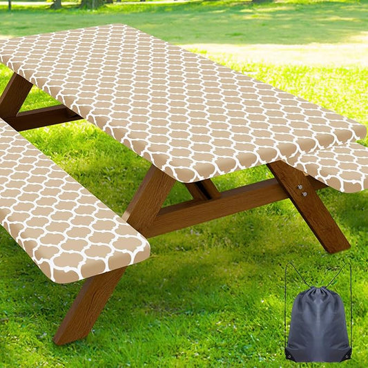 Smiry Picnic Table Cover with Bench Covers, Waterproof Elastic Fitted Tablecloth for 5 Foot Tables, Washable Polyester Tablecloths for Camping, Indoor & Outdoor (Khaki, 30x60 Inch 3-pc Set)
