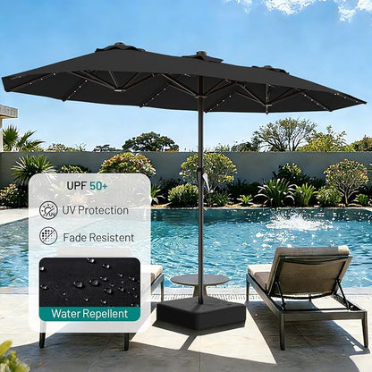 AreShark 15FT Patio Umbrella with Solar Lights, Double Sided Outdoor Table Umbrellas with Crank, Large Rectangular Market Umbrella for Porch, Lawn, Pool, Backyard, Dark Black