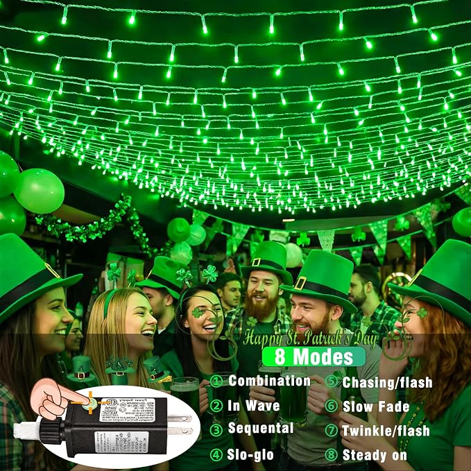 Vivideal 300 LED String Lights Indoor, 99ft Green St Patricks Day Lights for Bedroom Clear Wire 8 Modes, Waterproof Plug in Christmas Light with Timer Memory for Room Tree Party Decorations