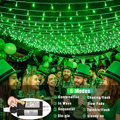 Vivideal 300 LED String Lights Indoor, 99ft Green St Patricks Day Lights for Bedroom Clear Wire 8 Modes, Waterproof Plug in Christmas Light with Timer Memory for Room Tree Party Decorations