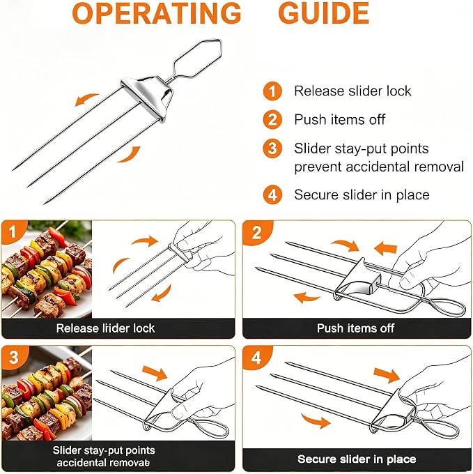 Premium 3-Prong Stainless Steel BBQ Skewer Set, Slide-Out Design Grilling Fork with Basting Brush & Storage Bag, Reusable Kebab Tool for Barbecue, Camping & Outdoor Cooking