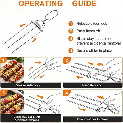 Premium 3-Prong Stainless Steel BBQ Skewer Set, Slide-Out Design Grilling Fork with Basting Brush & Storage Bag, Reusable Kebab Tool for Barbecue, Camping & Outdoor Cooking