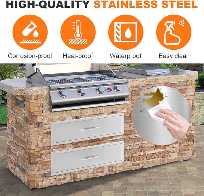 PioneerWorks 30" W x 10" H x 23" D Outdoor Kitchen Drawers, 1-Layer Outdoor Kitchen Access Drawer, Stainless Steel Built-in BBQ Drawer for Outdoor Kitchen Island, Patio Grill Station