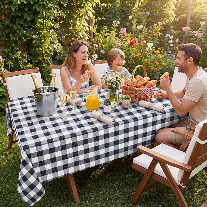 Softalker Gingham Checkered Tablecloth Rectangle - Outdoor Waterproof Buffalo Plaid Table Cloth, Stain Resistant Washable Table Cover for Picnic, Camping, Dining - Navy Blue and White, 54 x 120 Inch