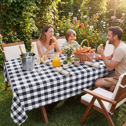 Softalker Gingham Checkered Tablecloth Rectangle - Outdoor Waterproof Buffalo Plaid Table Cloth, Stain Resistant Washable Table Cover for Picnic, Camping, Dining - Navy Blue and White, 54 x 120 Inch