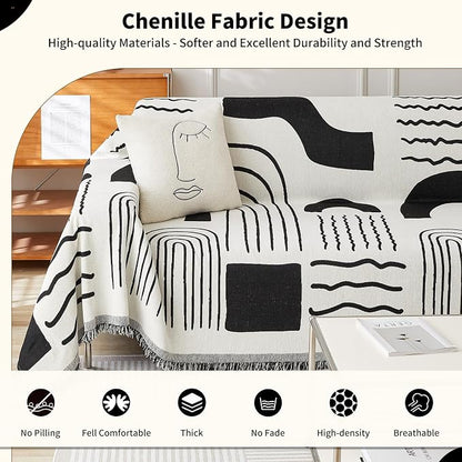 WEYOND Chenille Couch Cover Tassels, Sofa Cover Washable, 71" x 102", Black | Boho Sofa Slipcover for 3 Cushion Couch, L-Shaped Sectional, Loveseat, 2/3/4 Seater