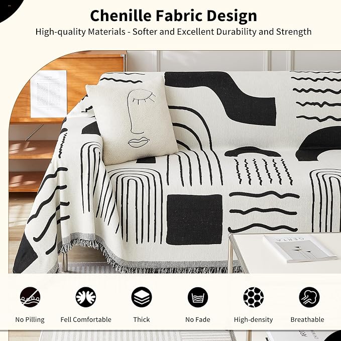 WEYOND Chenille Couch Cover Tassels, Sofa Cover Washable, 71" x 134", Black | Boho Sofa Slipcover for 3 Cushion Couch, L-Shaped Sectional, Loveseat, 2/3/4 Seater