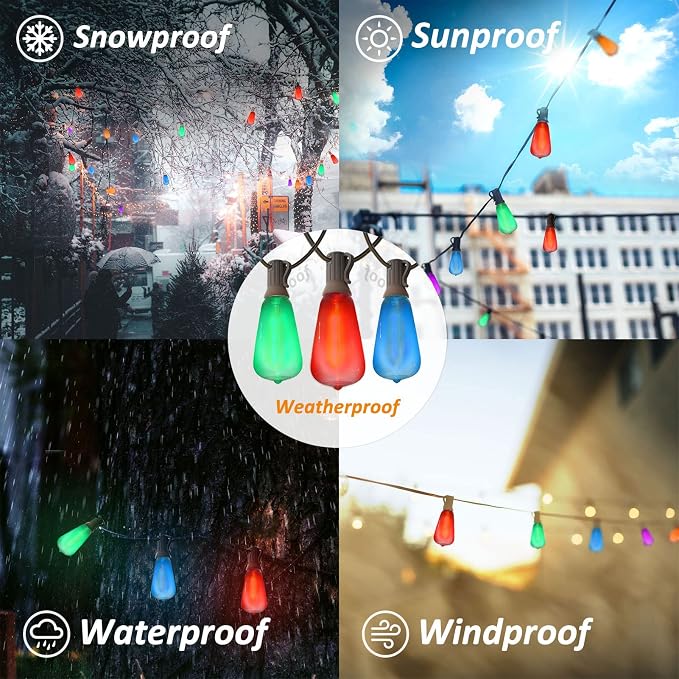 Multicolor String Lights 100FT LED Colored String Lights for Outside with 50+2 ST38 Edison Colorful String Lights for Outdoor Patio Bistro Gazebo Pergola Backyard