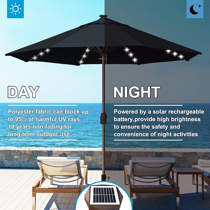 Eurmax USA 10-Year-Non-Fading 10FT Outdoor Patio Market Umbrella with LED Lights,UPF50+ UV Resistant,Heavy Duty Commercial Grade,Crank Lift Design,Windproof Vented Top for Garden,Pool,Deck,Black