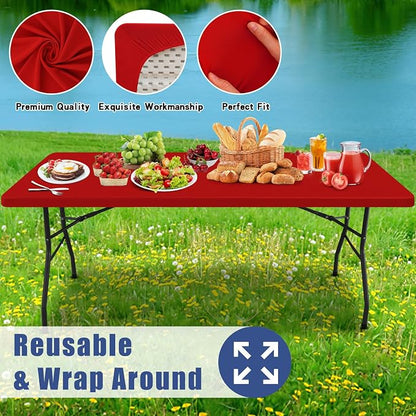 Moosfor 2 Pack Rectangle Spandex Fitted Table Cloth, 4FT Elastic Tablecloth | Washable Picnic Table Cover, Stretch Waterproof Table cloths for Party, Patio, Dining, Kitchen, 24" x 48", Red