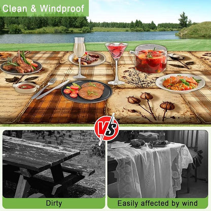 Vintage Floral Picnic Table Cover with Bench Covers, Retro Sunflower Rose Buffalo Plaid Patchwork Waterproof Fitted Tablecloth for 6 Foot Outdoor Wooden Picnic Table