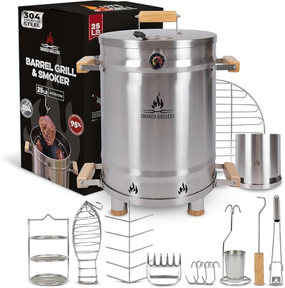 Barrel Smoker Grill Combo | 100% 304 Stainless Steel Barrel | 95% Less Smoke, Even Heat | Easy to Use & Clean – Vertical Smoker Ideal for Balconies and Backyards (MEDIUM-25 LBS)