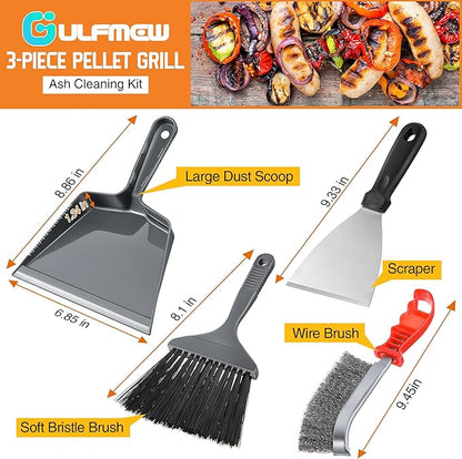 4 Piece Pellet Grill Ash Cleaning Kit, Includes Large Dust Pan, Soft Bristle Brush, Metal Scraper and Wire Brush for Easy Removal of Ash, Debris and Grime