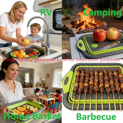 3-in-1 Folding Camping Cutting Board, Collapsible BBQ Prep Tub with Lid | Foldable Camping Chopping Board, PP+TPR Material Cutting Board, Folds to 1.5 Inch Slim for RV Camping & Small Kitchen (Green)