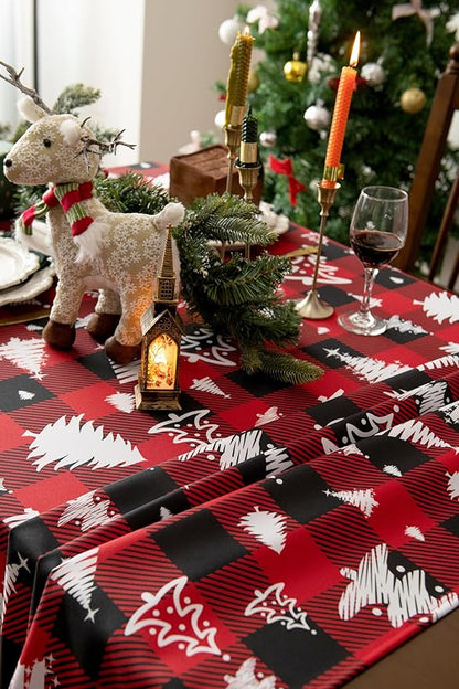 Waterproof Checkered Tablecloth Fabric - Rectangle 58x84 Inch Christmas Tree Table Cloth for Indoor/Outdoor Use - Xmas Table Cover for Kitchen, BBQs, and Parties