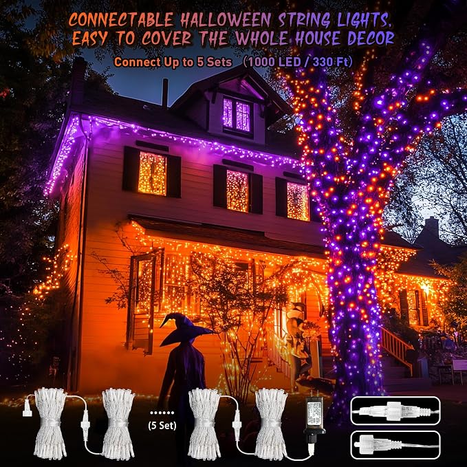 JMEXSUSS 200 LED Orange Purple Halloween Lights for Halloween Decor | 66 ft Connectable Halloween Color Change String Lights Indoor Outdoor Plug in for Tree Decor, 11 Modes,Clear Wire, Remote