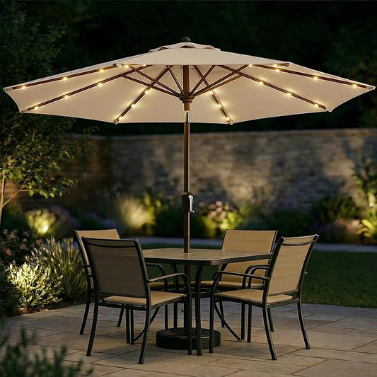11FT Solar Patio Umbrella with Lights, Outdoor Table Market Umbrella with 32 LED Lights, 8 Sturdy Ribs, Smooth Crank Lift for Pool, Deck and Garden, UV-Resistant