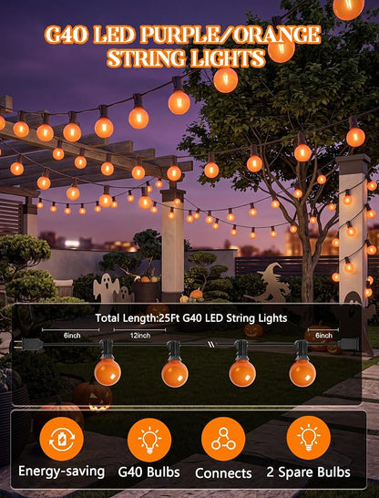 25Ft LED Outdoor Halloween Decorations Lights, 25 G40 Orange Globe Bulbs | Waterproof G40 Patio String Lights, Connectable Shatterproof Hanging Outdoor Lights for Porch Yard Garden Halloween Party