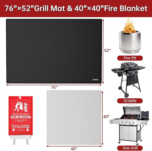 Large 76" x 52" Under Grill Mat with 40" x 40" Fire Blanket, Double-Sided Fireproof Grill Pad for Outdoor Grill,Indoor Fireplace Fire Pit Mat, Waterproof Oilproof BBQ Mat for Deck Patio Lawn