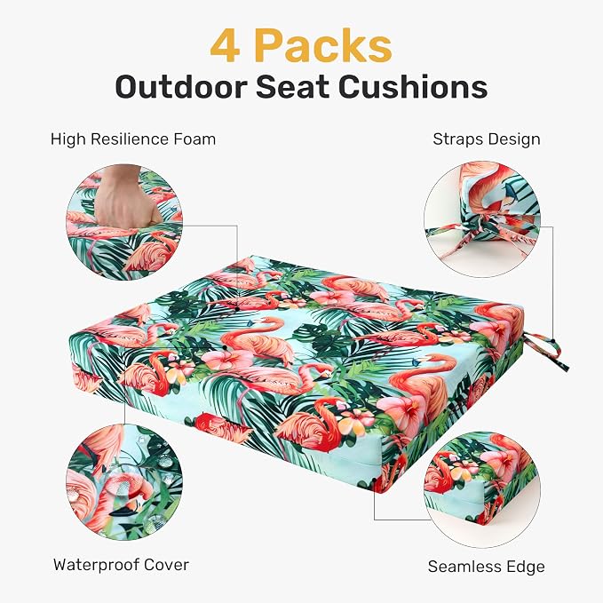 UNIKOME Outdoor Chair Cushions Pack of 4, Water Resistant Patio Cushions with Ties, High Density Sponge Filling Square Corner Seat Cushions for Outdoor Furniture, 18.5"*16"*3", Pink Flamingos