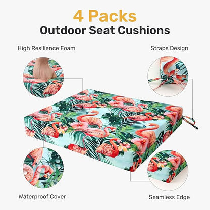 UNIKOME Outdoor Chair Cushions Pack of 4, Water Resistant Patio Cushions with Ties, High Density Sponge Filling Square Corner Seat Cushions for Outdoor Furniture, 18.5"*16"*3", Pink Flamingos