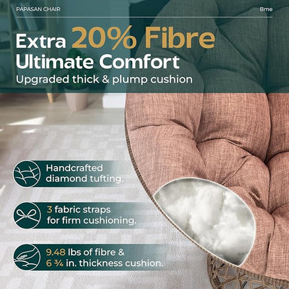 Bme 40" Ergonomic Wicker Papasan Chair with Soft Thick Density Fabric Cushion, High Capacity Steel Frame, 360 Degree Swivel for Living, Bedroom, Reading Room, Lounge, Cinnamon Mocha - Brown Base