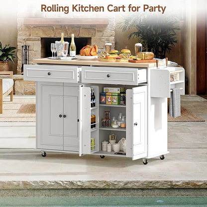 ComfyCorner 58" Rolling Kitchen Island with Storage, Island Table for Kitchen with Power Outlet, Multi-level Kitchen Islands on Wheels, Mobile Bar Cart with Spice Rack, Towel Rack, Knife Holder, White