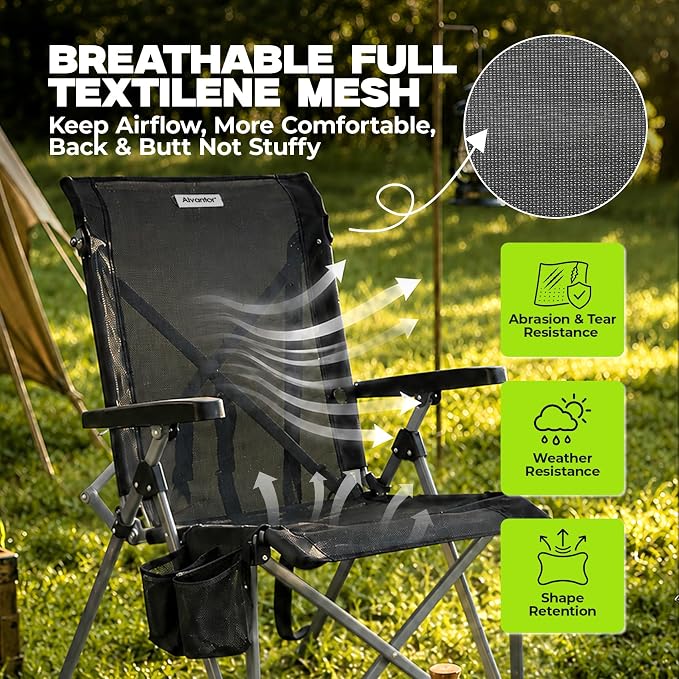 Alvantor® Camping Chair 2 Pack, Full Mesh Folding Beach Chair Breathable High Back Portable Lawn Chair for Outdoor, Armrest, Cup Holder, Easy Use Seat for Travel, Sports Event, 24"x31"x38"