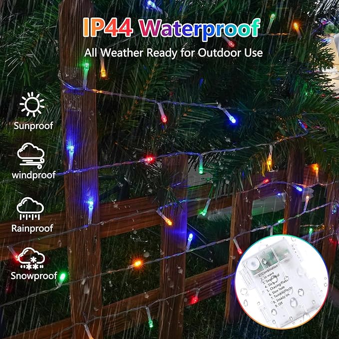 2 Pack String Lights Battery Operated with Timer, 66FT 200 LED Waterproof Battery Twinkle Lights, 8 Modes Fairy Light for Indoor & Outdoor Party Bedroom Porch Tree Christmas Decorations (Multicolor)
