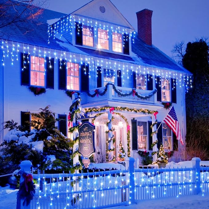 66FT Icicle Lights for Outside 640 LED Blue and White Christmas Lights | Connectable Icicle Christmas Lights Outdoor Waterproof, Plug in 8 Modes with 120 Drops for House Party Wedding Decoration