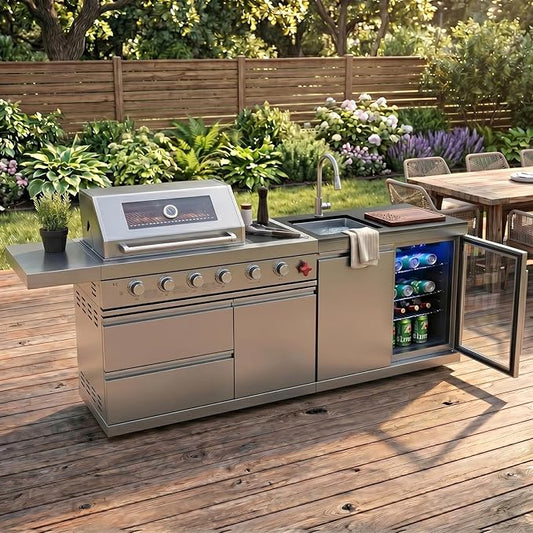 84 Inch Outdoor Kitchen Island Grill, 6 Burner 75300 BTU Stainless Steel Propane Gas Grill Island with Sink and Refrigerator, Modular BBQ Barbecue Island with Granite Countertop and Rotisserie Kit