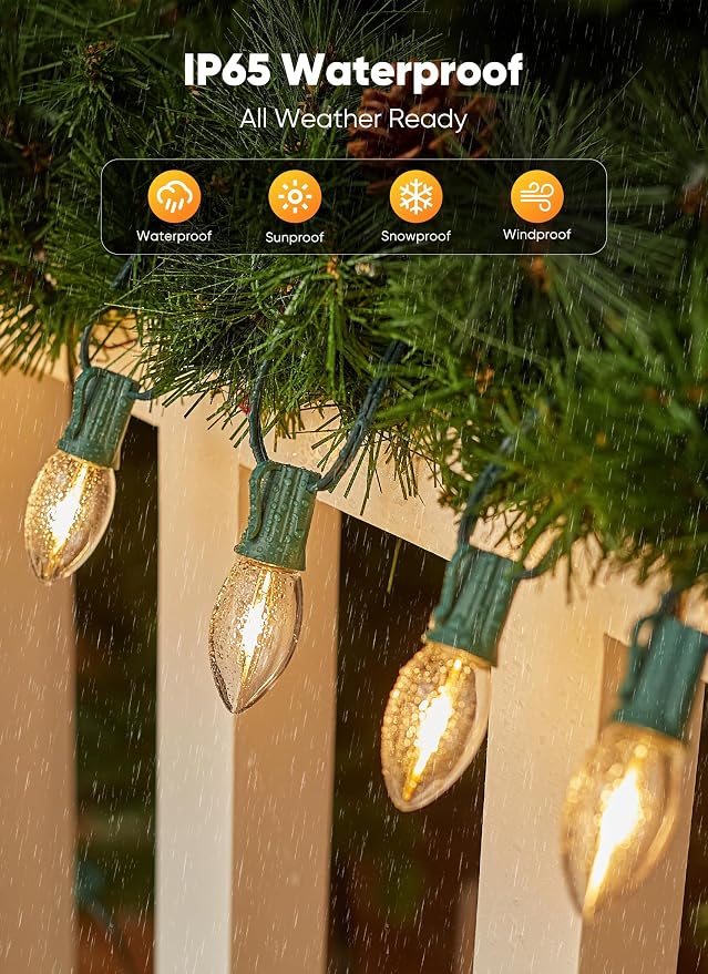 Minetom C9 Christmas Lights Outdoor, 25FT 25 LED String Lights Warm White | Waterproof Connectable Christmas Tree Lights for House, Roofline, Holiday Party, Indoor Outside, Garden Patio Backyard Decor