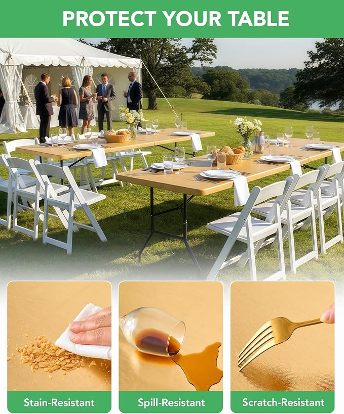 Fitted Tablecloth Rectangle Table Cloths with Elastic, 6 ft, Gold, 6 Pack | For Outdoor Picnic Camping Party 6 foot Folding Spandex Table Covers, Water-Resistant, Windproof, Reusable, 72"L x 30"W