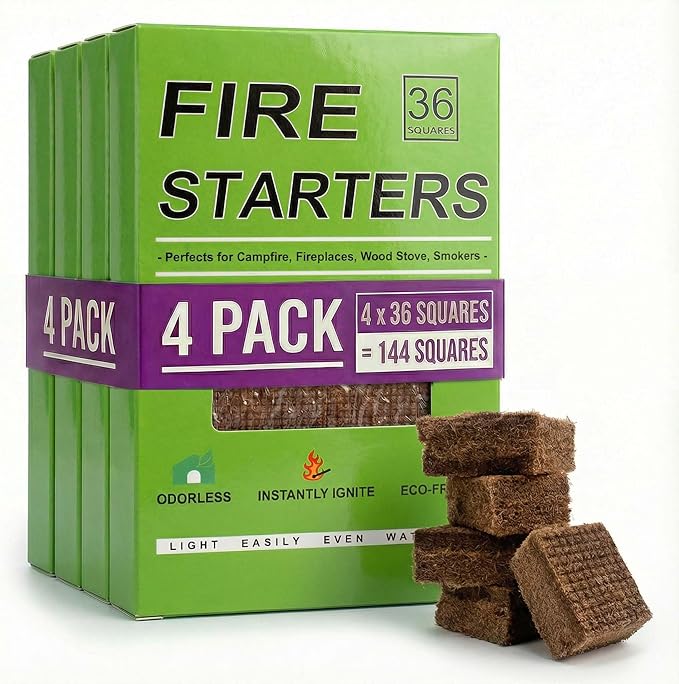 Fire Starter Cubes for Grills: Natural Fire Starters Blocks - Quick Ignition Odorless Firestarter Squares for Campfire BBQ Outdoor Firepits Fireplaces & Wood Stoves - 144 pcs