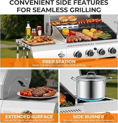 Kismile 4-Burner Propane Gas Grill with Side Burner, Stainless Steel 42,000 BTU BBQ Grill, Enameled Baking Rack & Enamel Grates, Barbecue Grill for Outdoor Cooking, Backyard, Patio, Deck Camping