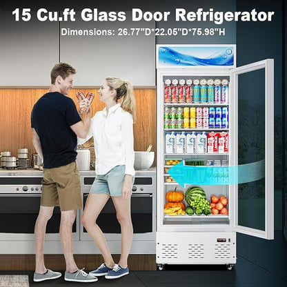 26.8'' W Commercial Beverage Refrigerator, 15 Cu.ft Upright Display Merchandiser Cooler Fridge with LED Light, Adjustable Shelves & Lockable Door for Restaurant Grocery Stores Home, White