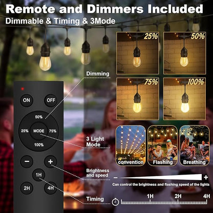 100FT Outdoor String Light 64Bulbs (1.5FT Bulbs Spacing),120W Dimmer Remote | Patio Lights with IP65 Waterproof, Dimmable & Timing & 3 Mode, Connectable, Zipper Ties for Outside Commercial Backyard